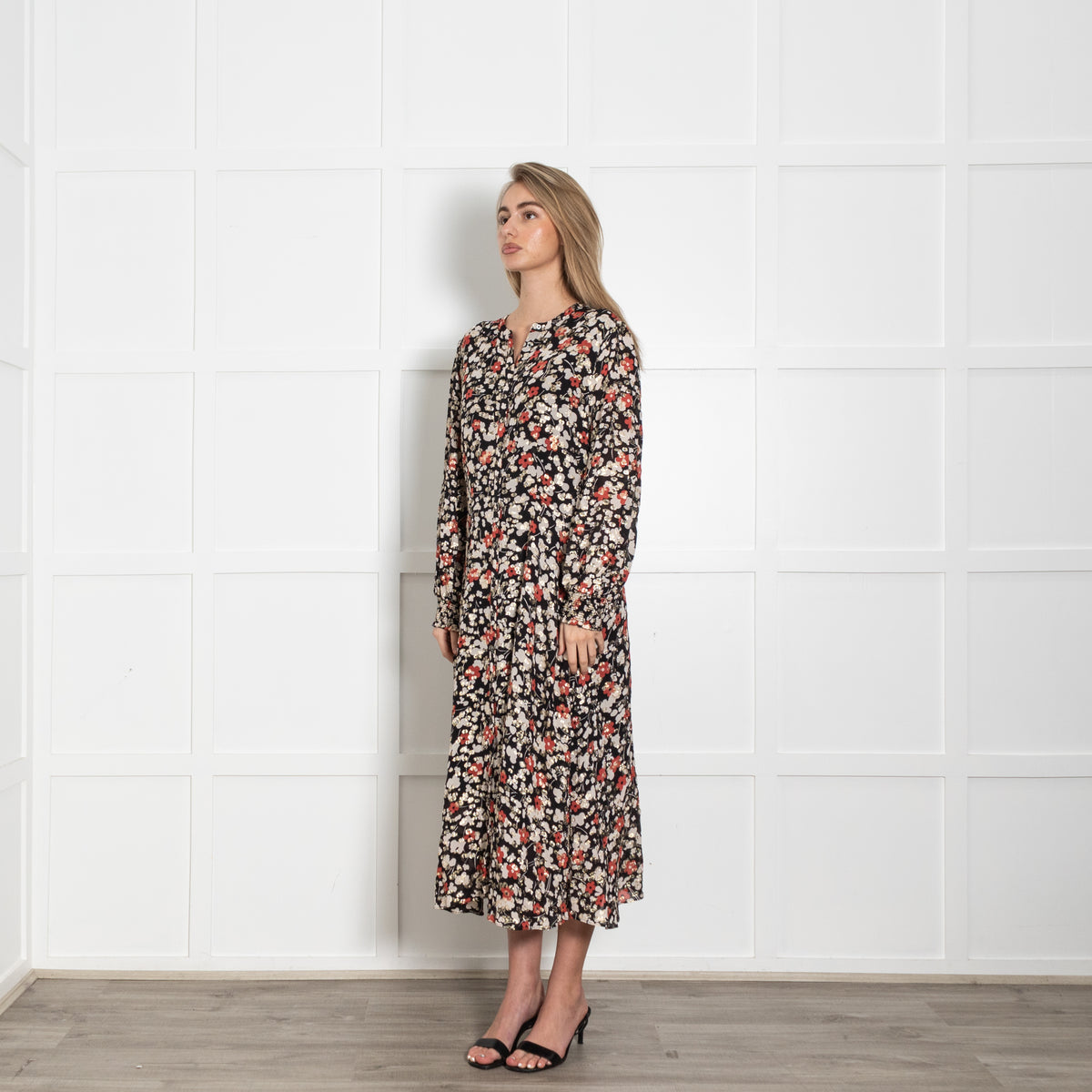 Somerset By Alice Temperley Black Cream Rust Gold Lurex Flower Print Dress