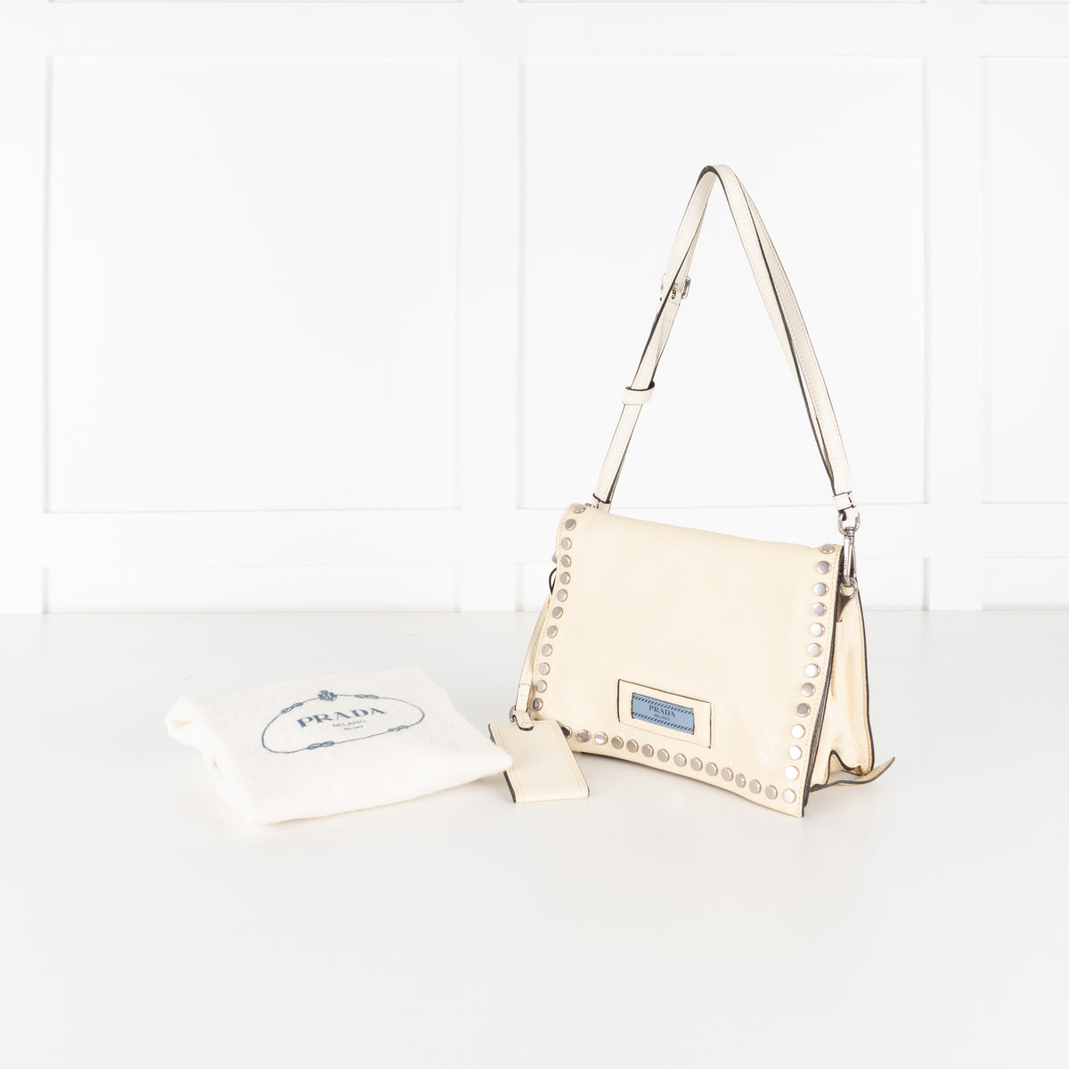 Prada  Cream Metal Stud Etiquette Bag