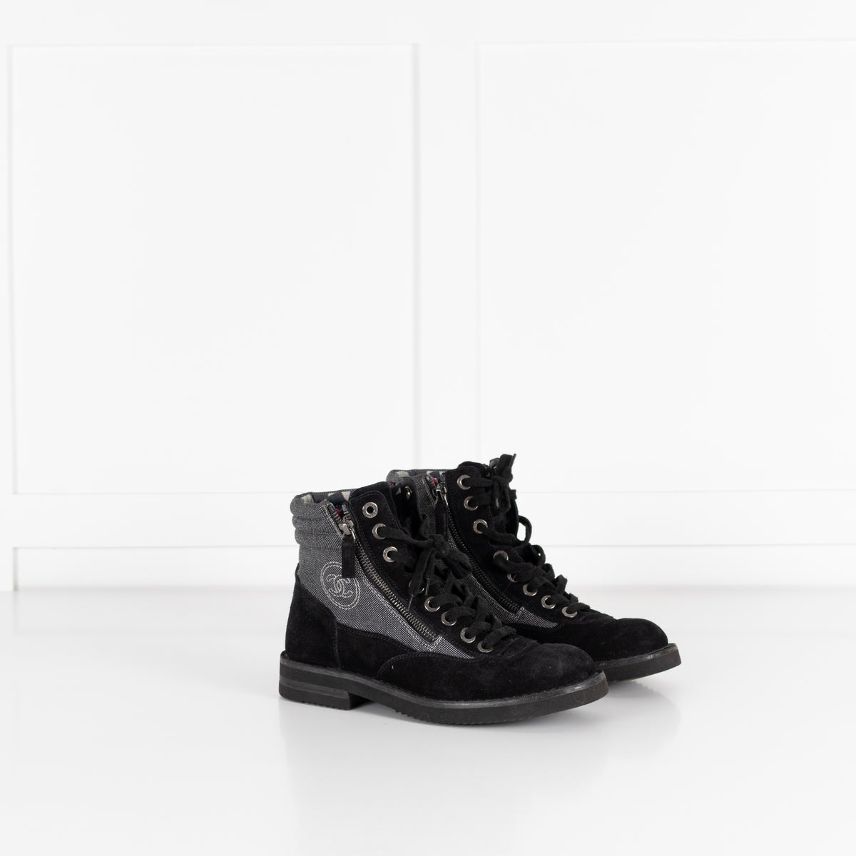 Chanel Black Suede And Canvas Lace Up Ankle Boots