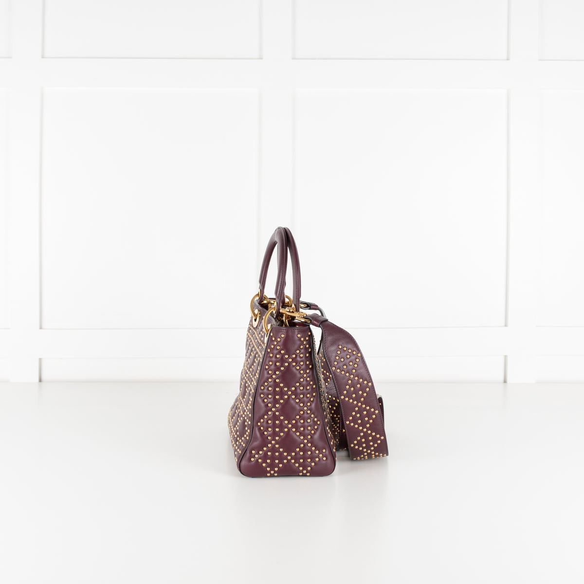 Dior Burgundy Gold Studded Leather Lady Dior
