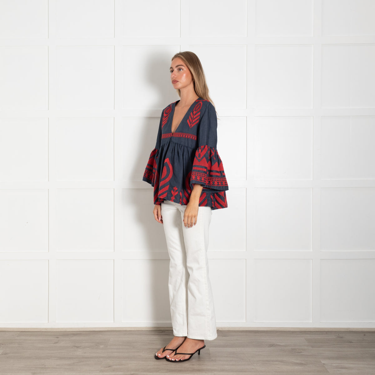 Greek Archaic Kori Blue And Red Embroidered Top