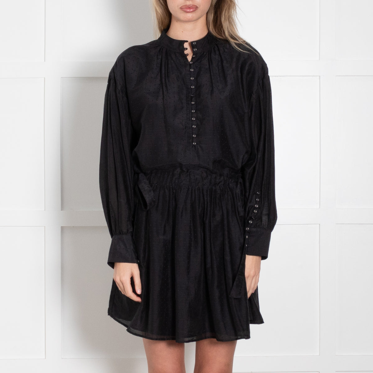 Magali Pascal Black Long Sleeve Tie Waist Dress