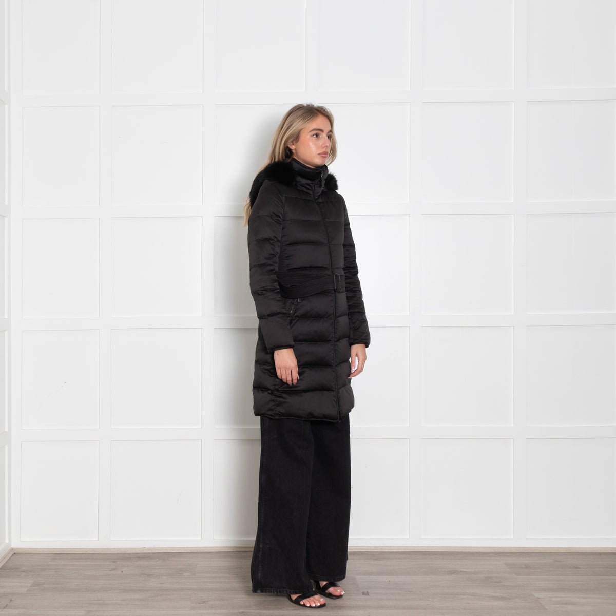 Burberry Prorsum Black Quilted Fur Hood Belted Coat