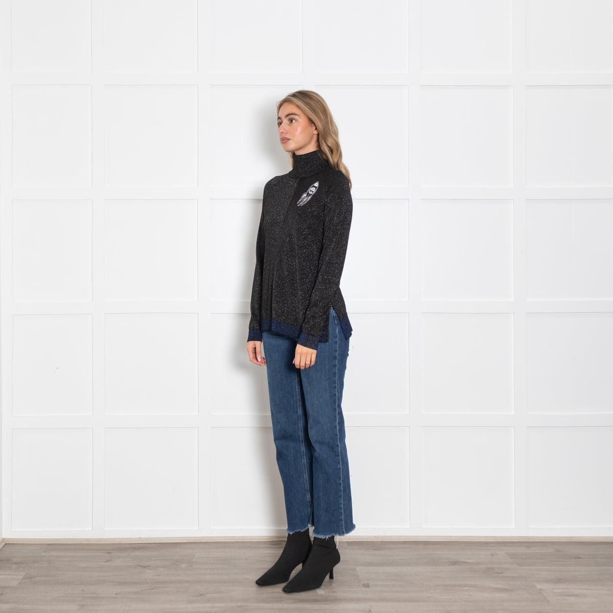 Karl Lagerfeld Black Glitter Roll Neck Fitted Top