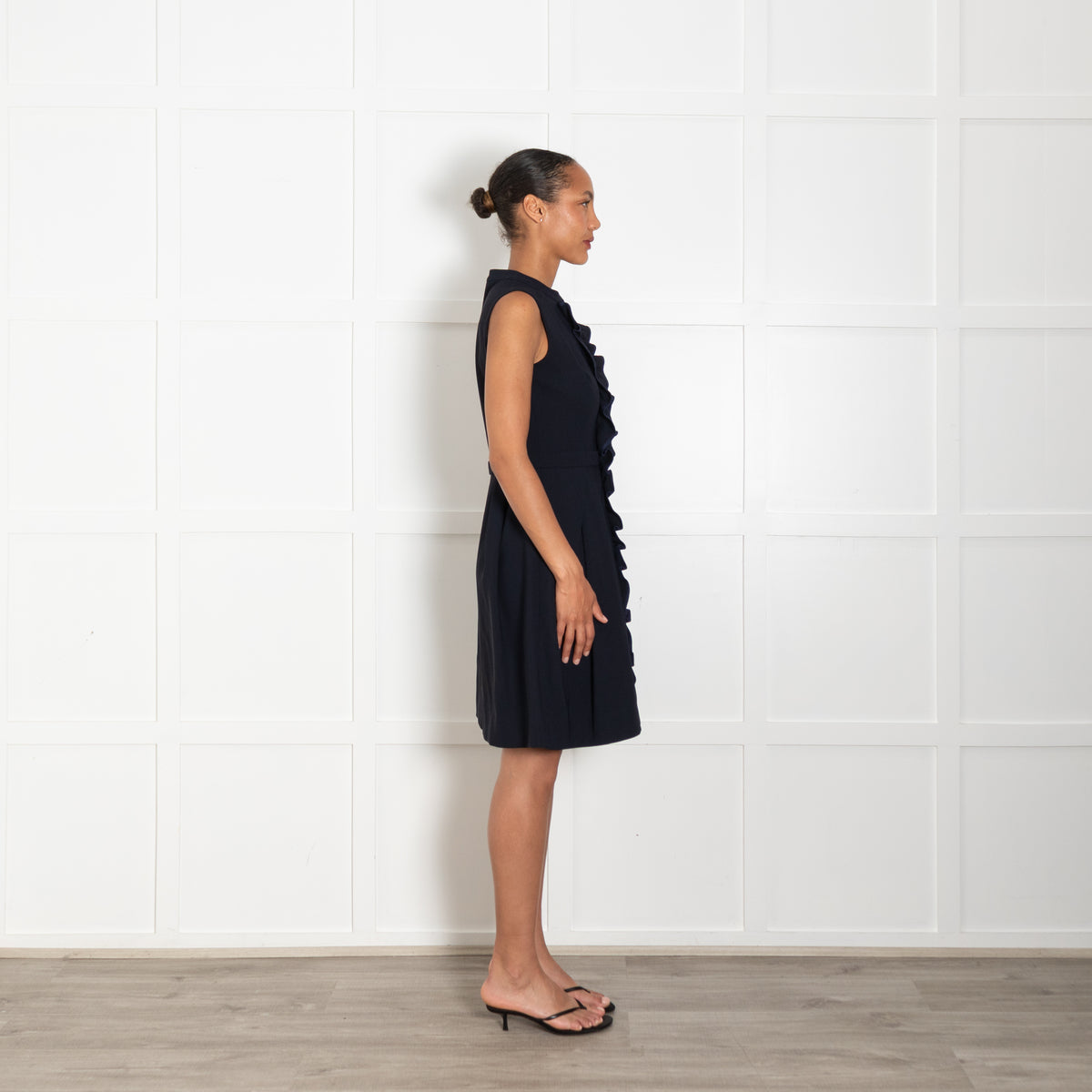 Machka Navy Blue Sleeveless Dress With Frill & Button Front