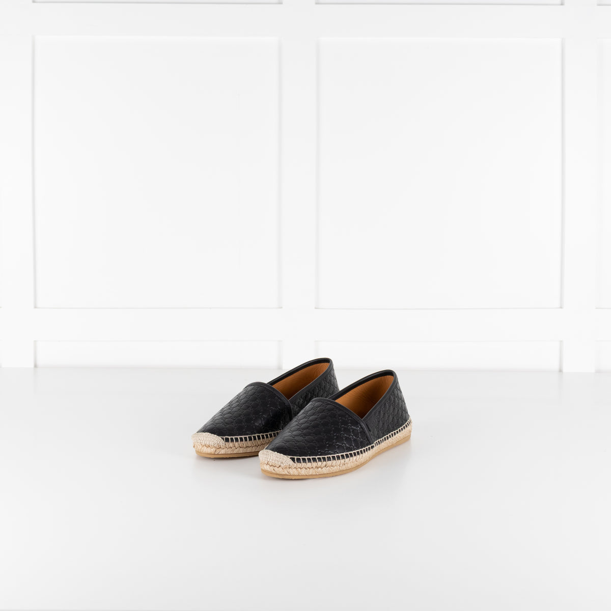 Gucci Black Leather Logo Embossed Espadrilles