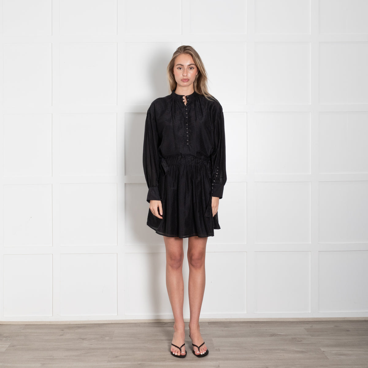 Magali Pascal Black Long Sleeve Tie Waist Dress