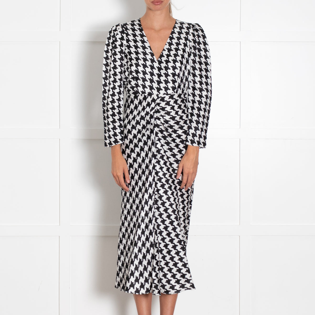 Rixo London Black White Houndstooth Print Sleeved Dress