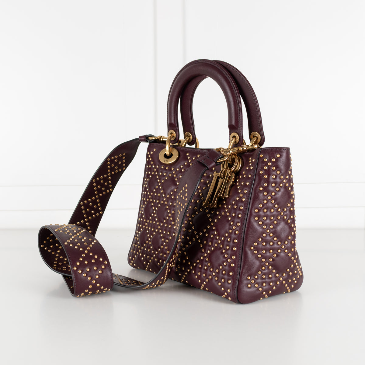 Dior Burgundy Gold Studded Leather Lady Dior