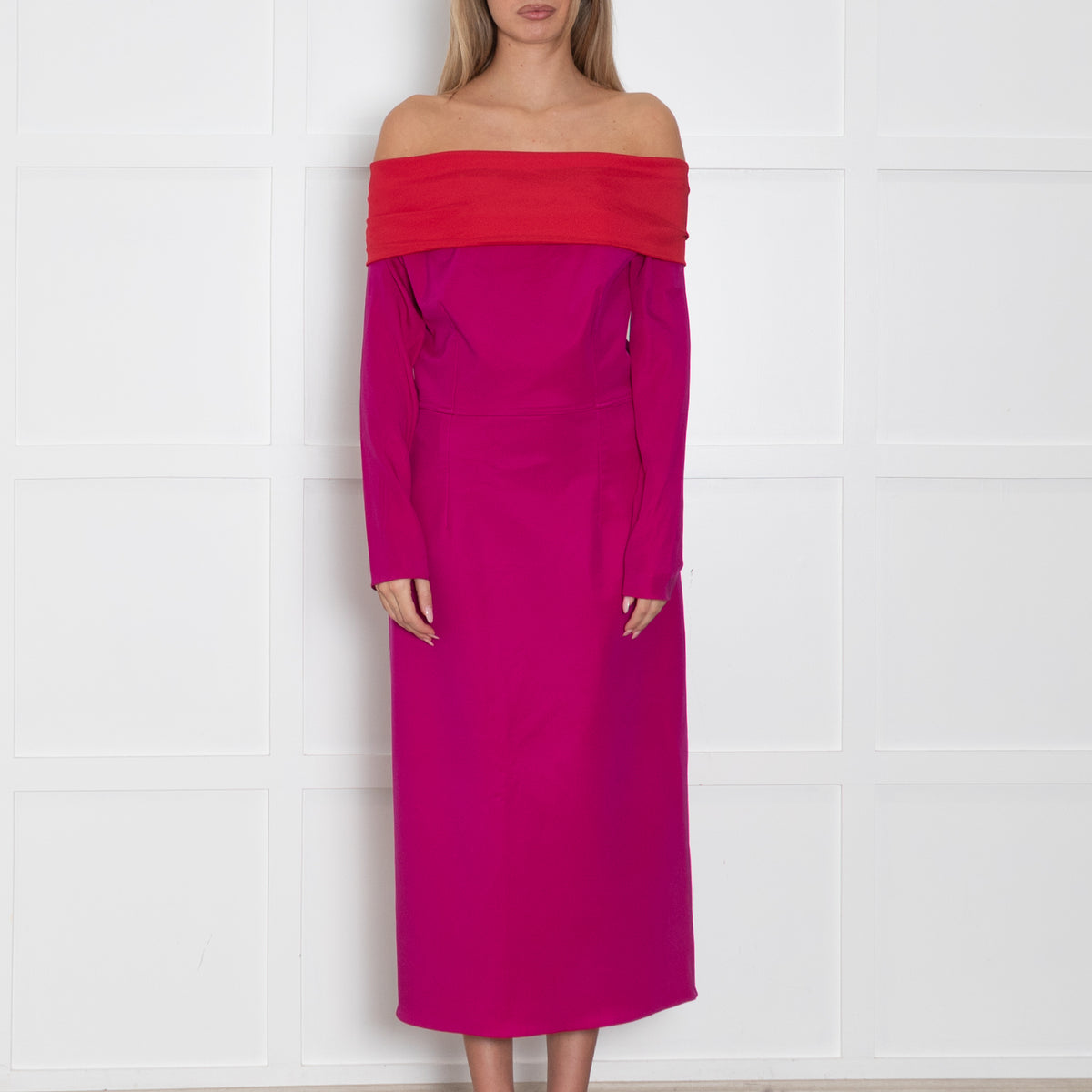 Emilio De La Morena Fuchsia Pink Red Trim Sleeved Dress
