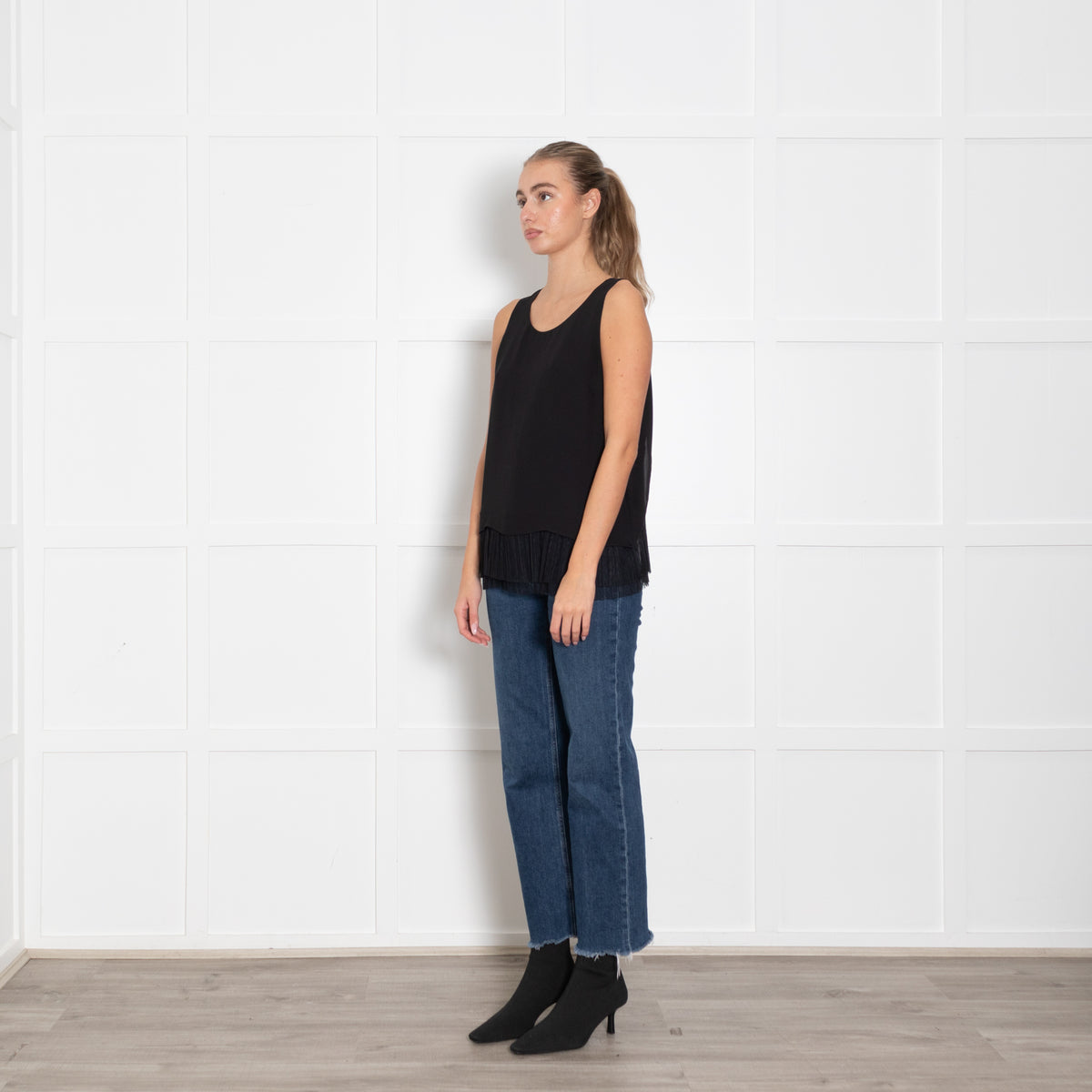 Elizabeth And James Black Sleeveless Top With Netting Hem