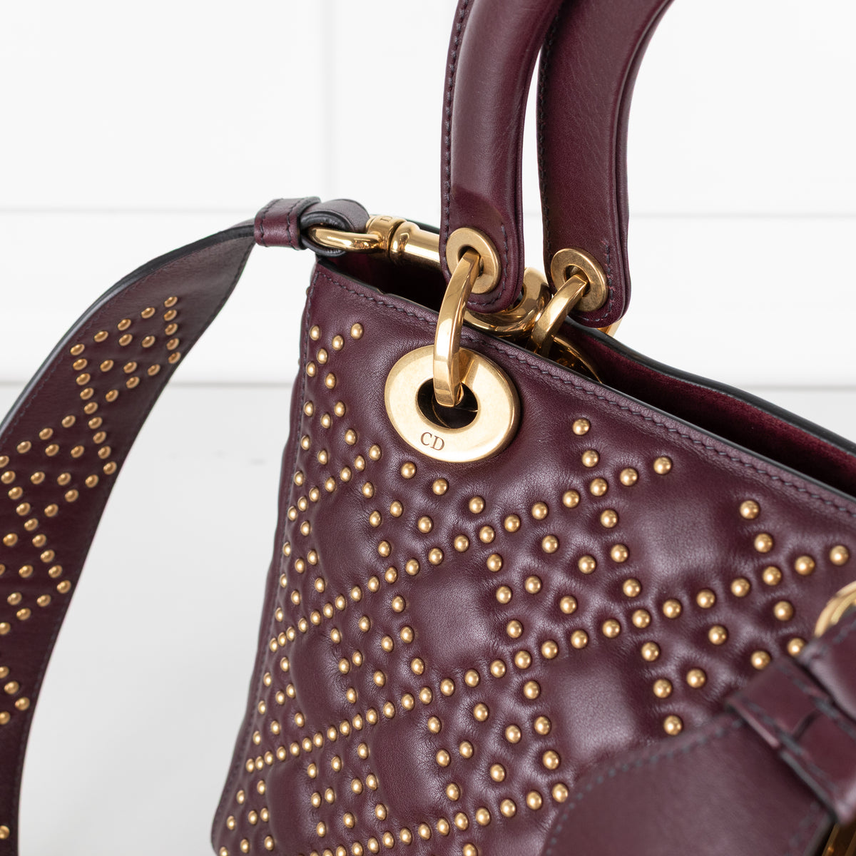 Dior Burgundy Gold Studded Leather Lady Dior