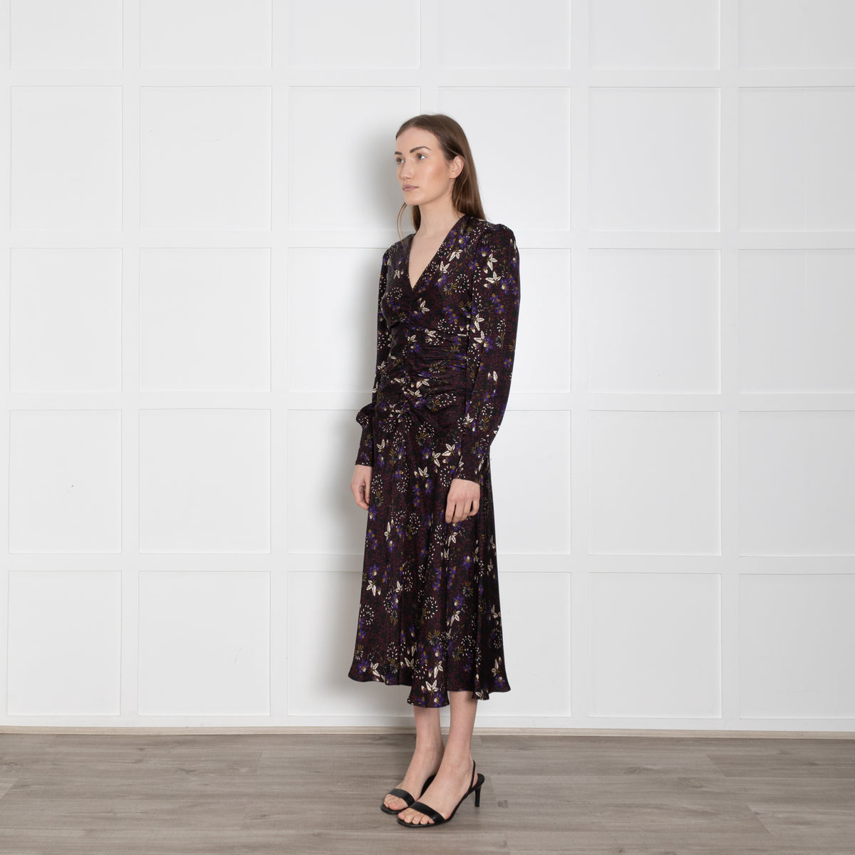 Me + Em Black Meadow Print Ruched Maxi Dress