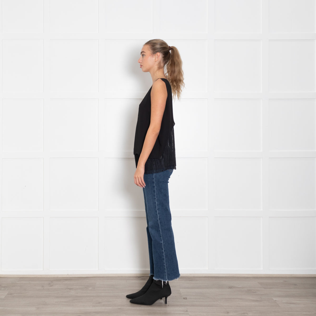 Elizabeth And James Black Sleeveless Top With Netting Hem