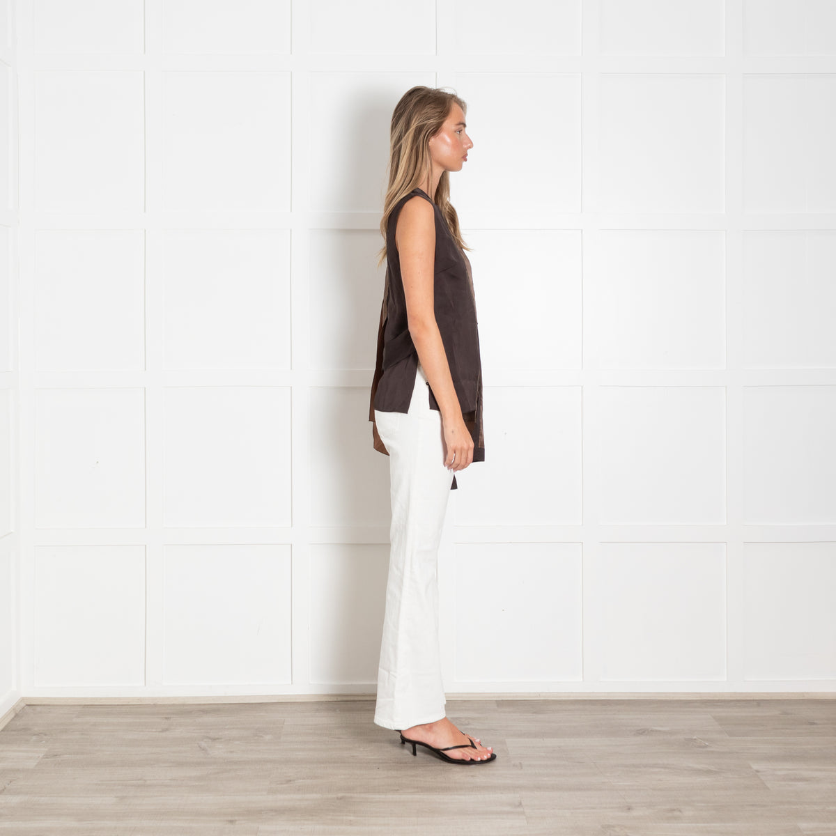 Adolfo Dominguez Dark/Light Brown Asymmetric Silk Sleeveless Top