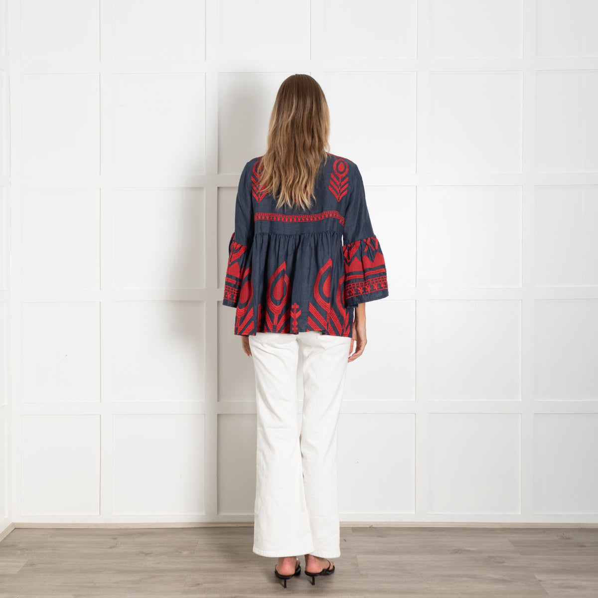 Greek Archaic Kori Blue And Red Embroidered Top