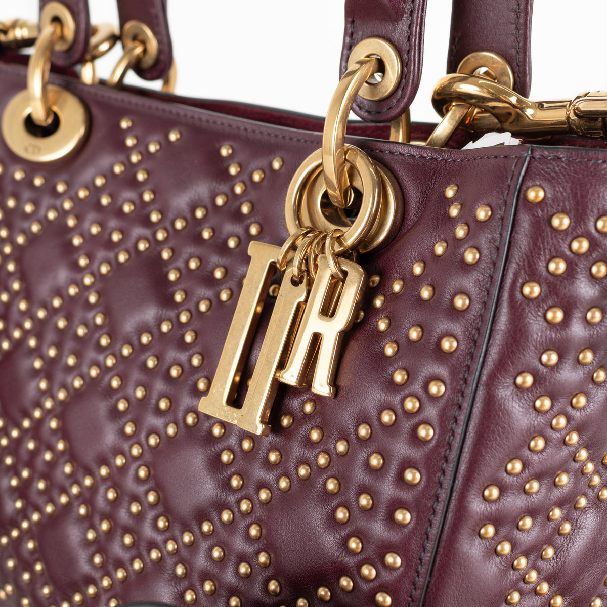 Dior Burgundy Gold Studded Leather Lady Dior