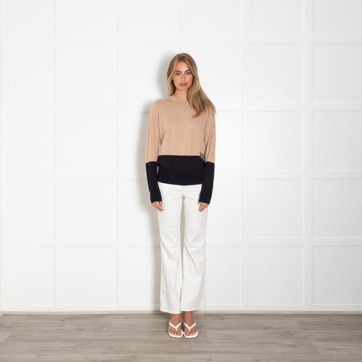 Victoria Victoria Beckham Sand Merino Wool Jumper With Navy Stripe