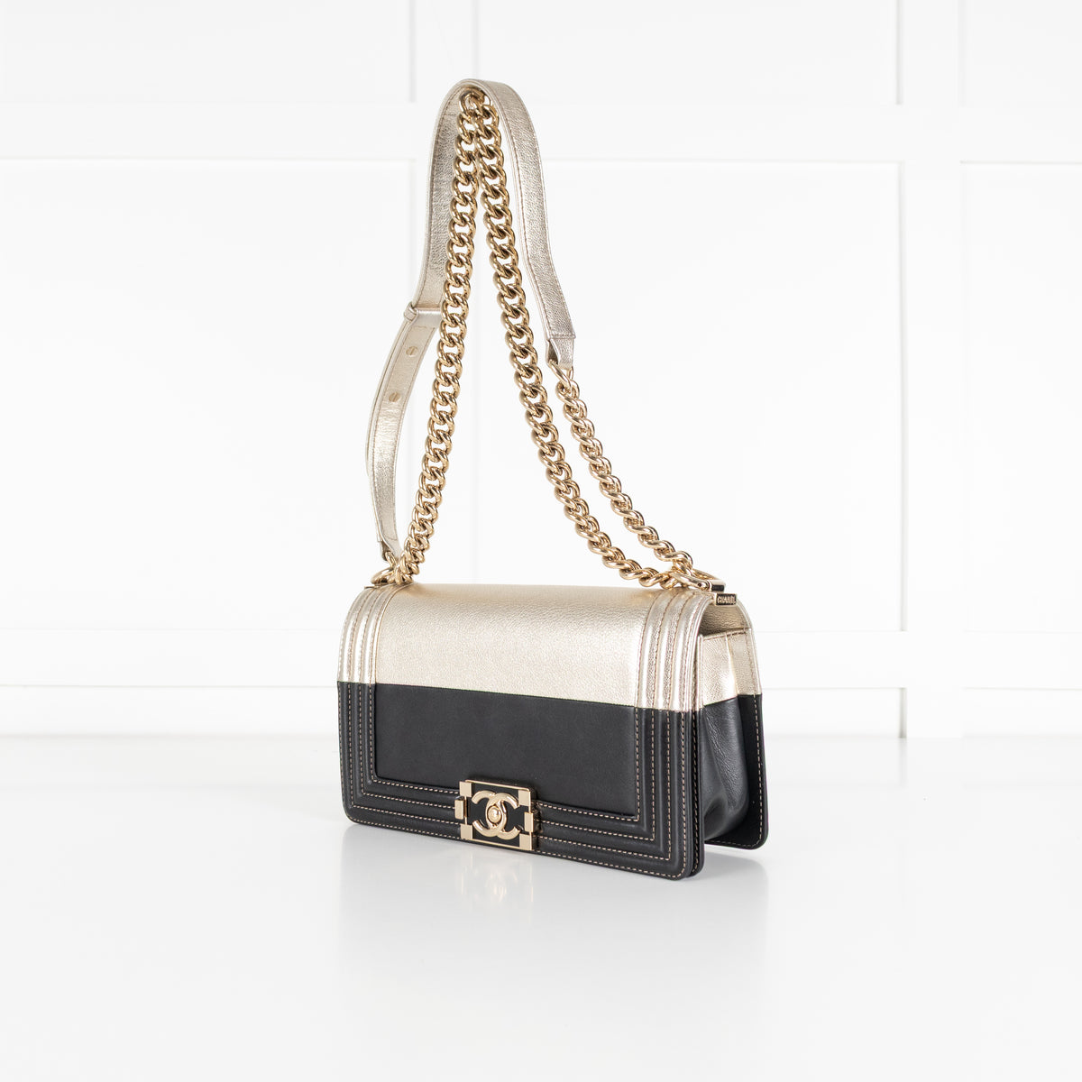 Chanel Medium Boy Coco Mark Black and Metallic Gold Leather Shoulder Bag