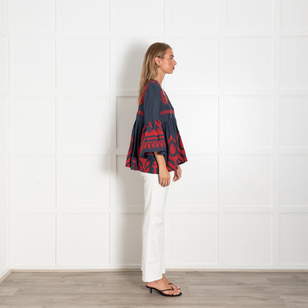 Greek Archaic Kori Blue And Red Embroidered Top