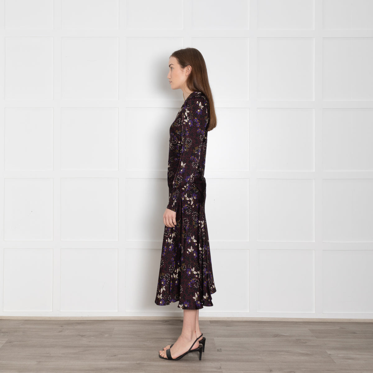 Me + Em Black Meadow Print Ruched Maxi Dress