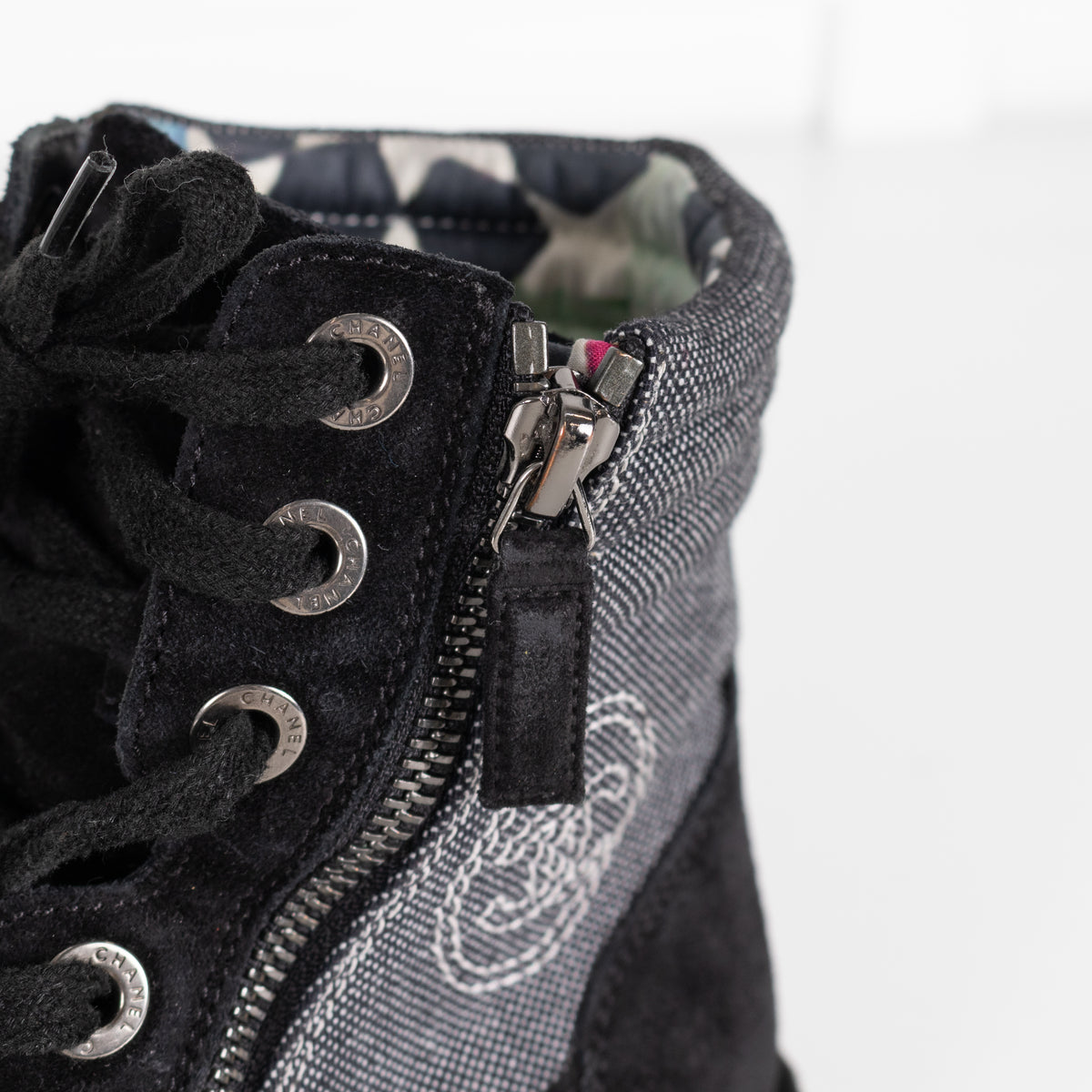 Chanel Black Suede And Canvas Lace Up Ankle Boots