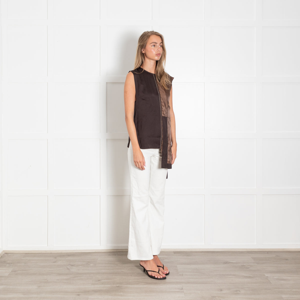 Adolfo Dominguez Dark/Light Brown Asymmetric Silk Sleeveless Top