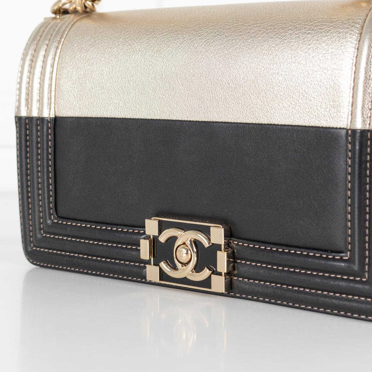 Chanel Medium Boy Coco Mark Black and Metallic Gold Leather Shoulder Bag