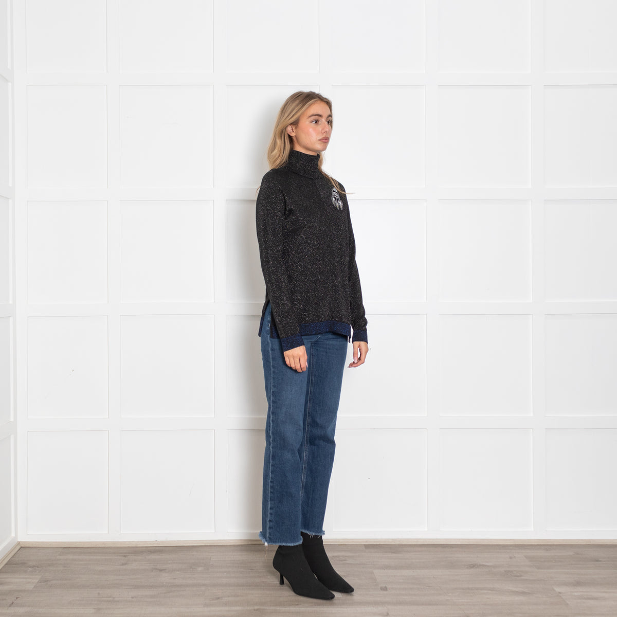 Karl Lagerfeld Black Glitter Roll Neck Fitted Top