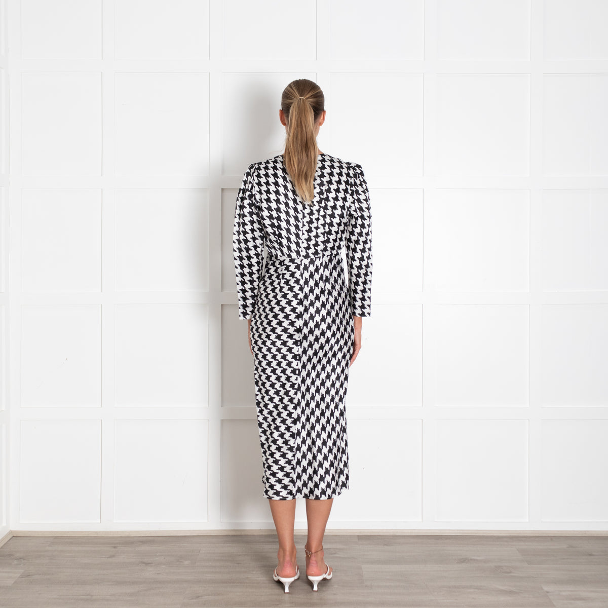 Rixo London Black White Houndstooth Print Sleeved Dress