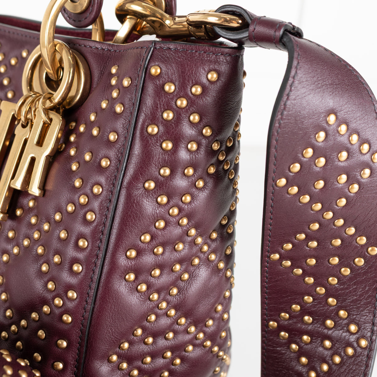 Dior Burgundy Gold Studded Leather Lady Dior