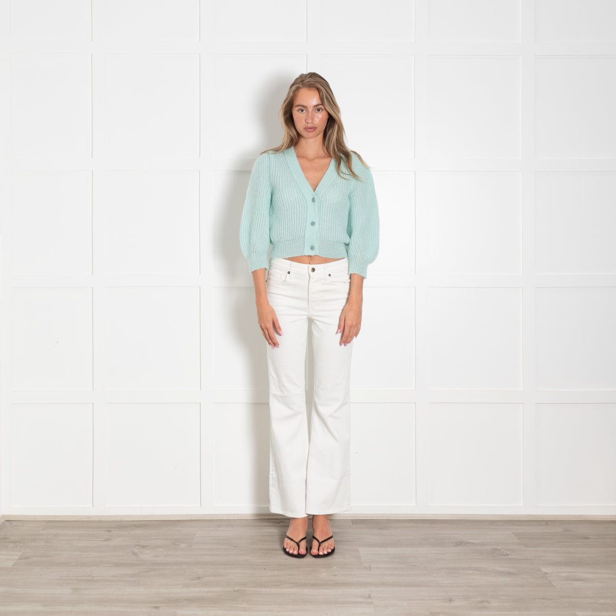 Masscob Turquoise Mohair Knit Button Up V- Neck Cropped Jumper