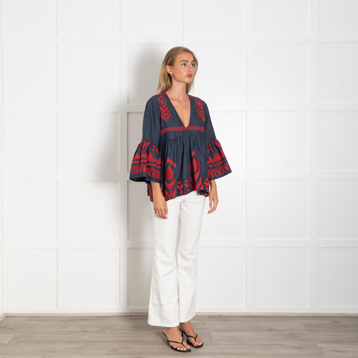 Greek Archaic Kori Blue And Red Embroidered Top