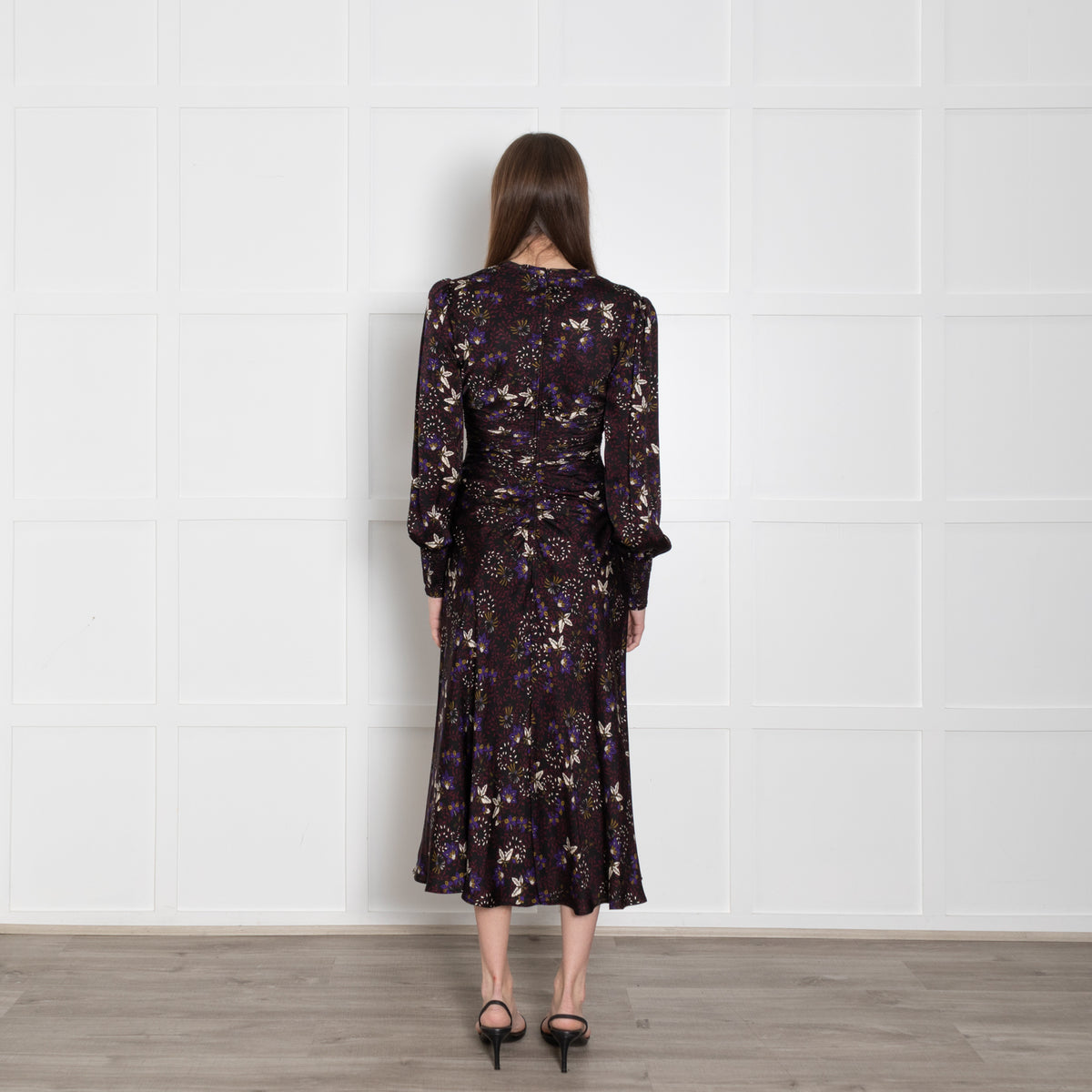 Me + Em Black Meadow Print Ruched Maxi Dress