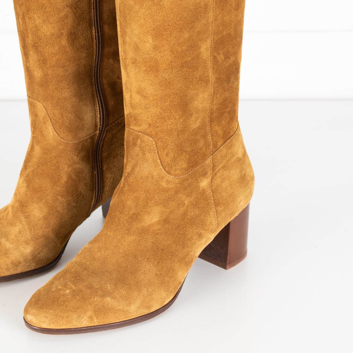 Sezane Mustard Suede Block Heel Boots