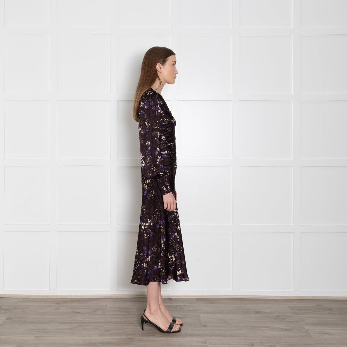 Me + Em Black Meadow Print Ruched Maxi Dress