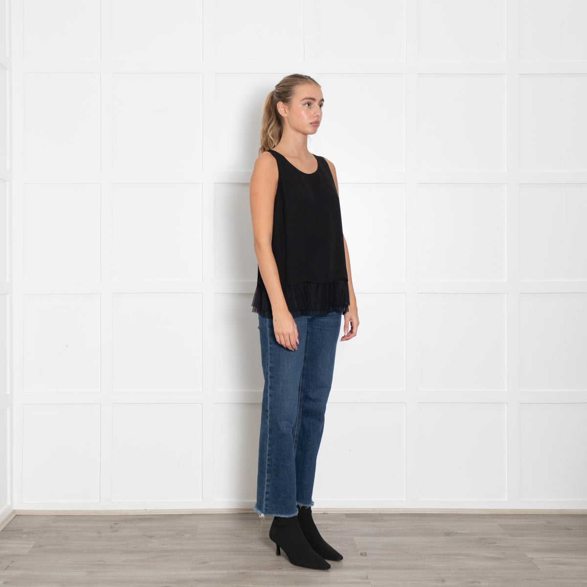 Elizabeth And James Black Sleeveless Top With Netting Hem