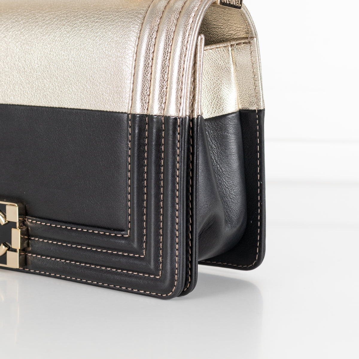 Chanel Medium Boy Coco Mark Black and Metallic Gold Leather Shoulder Bag