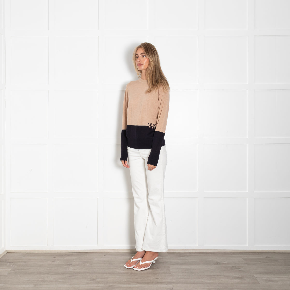 Victoria Victoria Beckham Sand Merino Wool Jumper With Navy Stripe