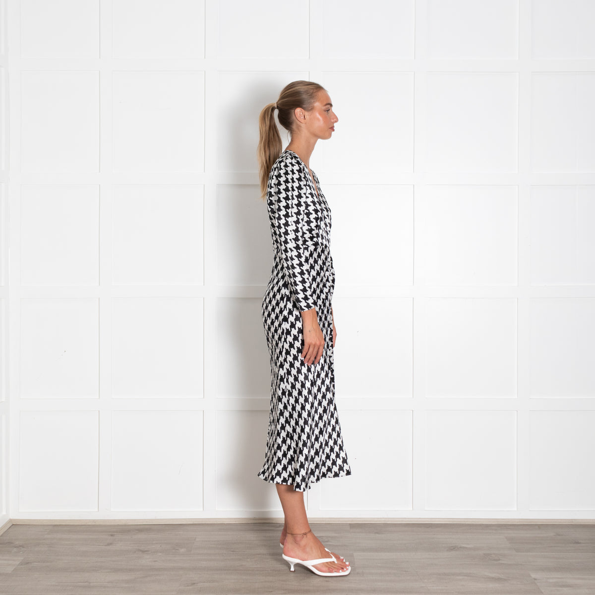Rixo London Black White Houndstooth Print Sleeved Dress