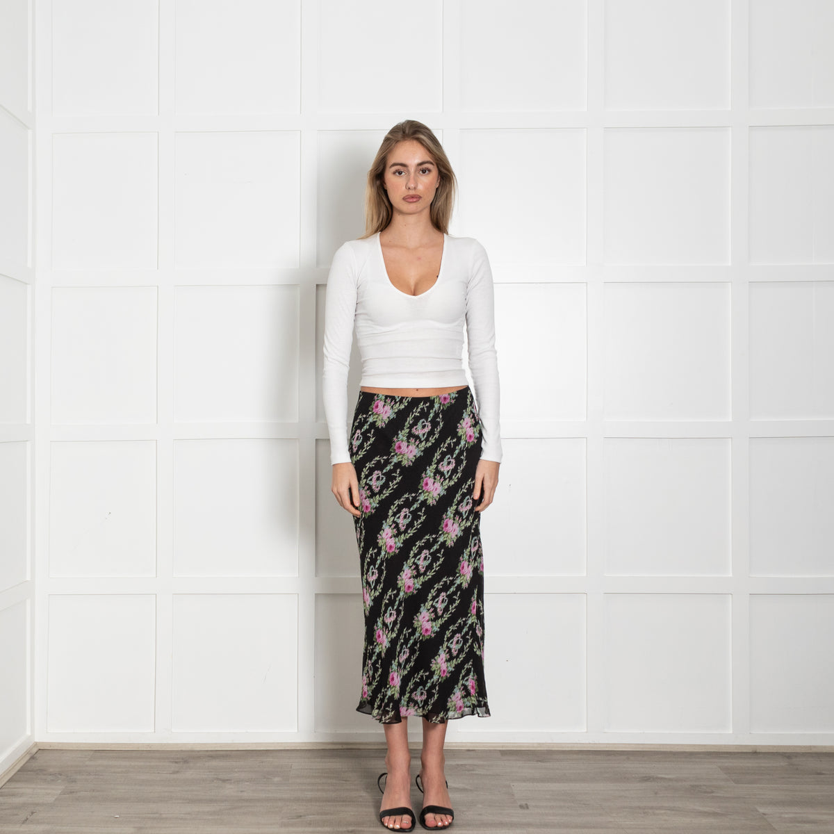 LoveShackFancy Black Green Pink Floral Skirt