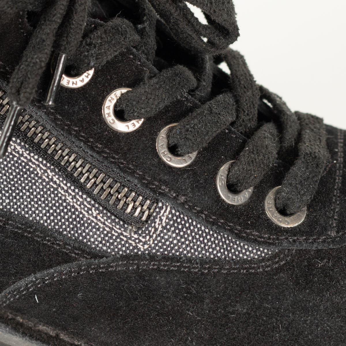 Chanel Black Suede And Canvas Lace Up Ankle Boots