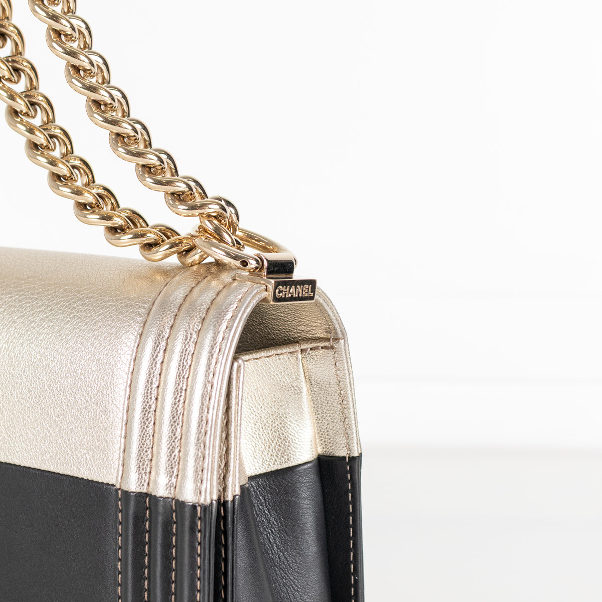 Chanel Medium Boy Coco Mark Black and Metallic Gold Leather Shoulder Bag
