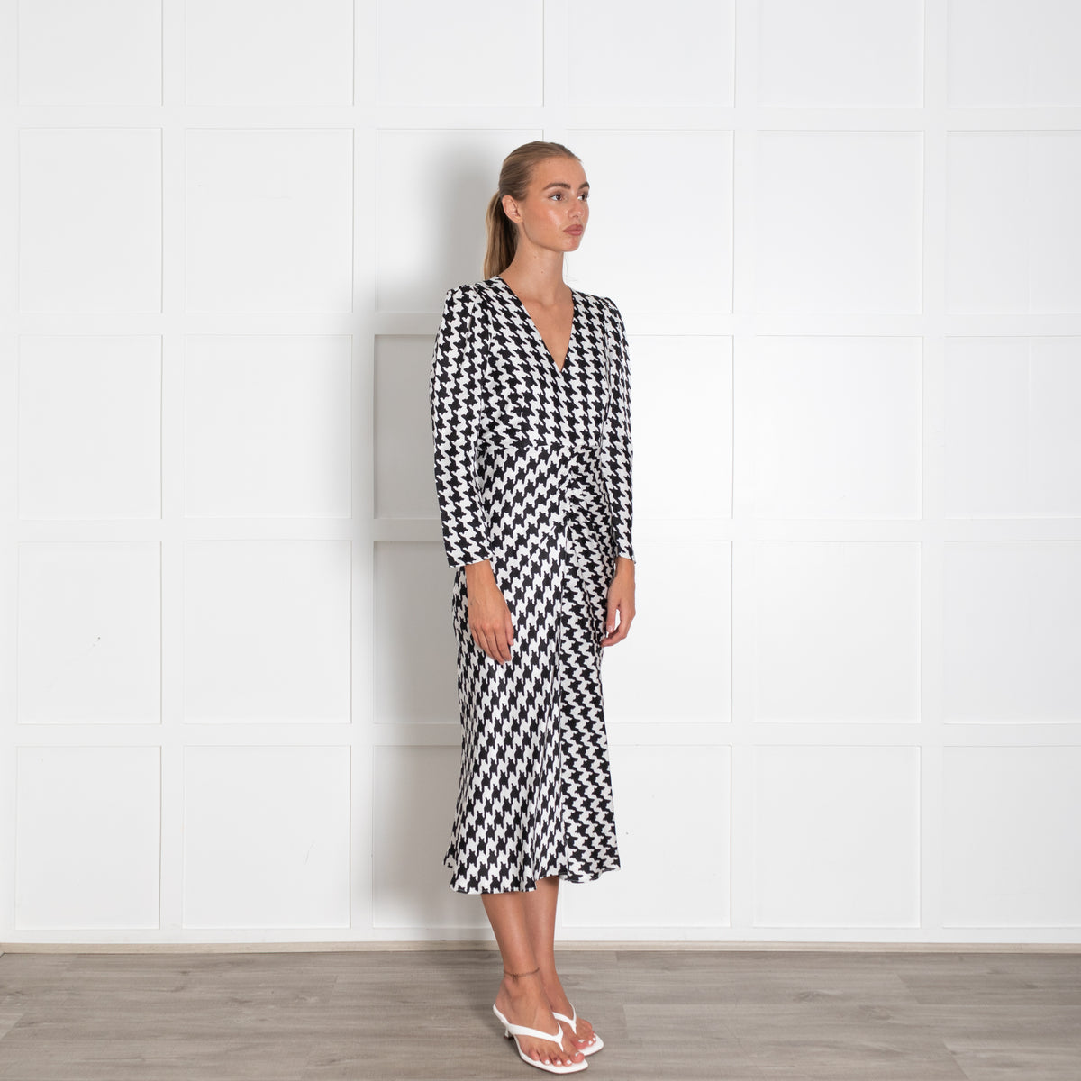 Rixo London Black White Houndstooth Print Sleeved Dress