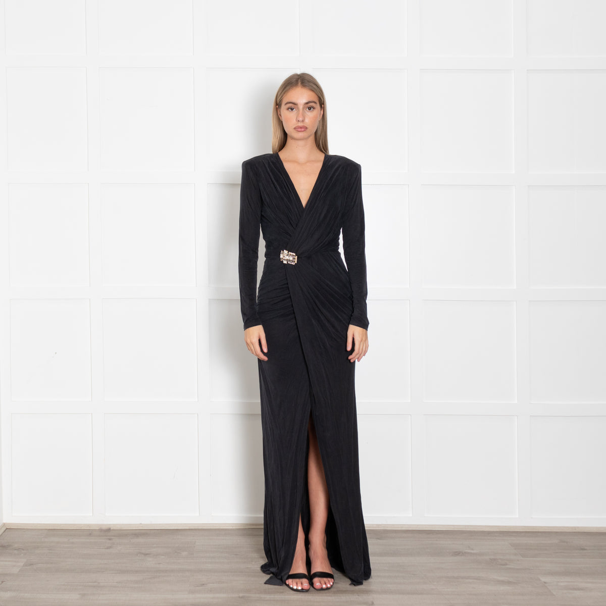 Elisabetta Franchi Black Gathered Waist with Jewel Buckle Gown