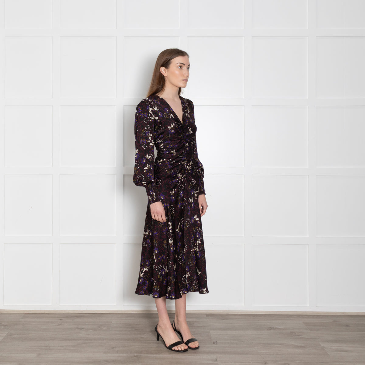 Me + Em Black Meadow Print Ruched Maxi Dress