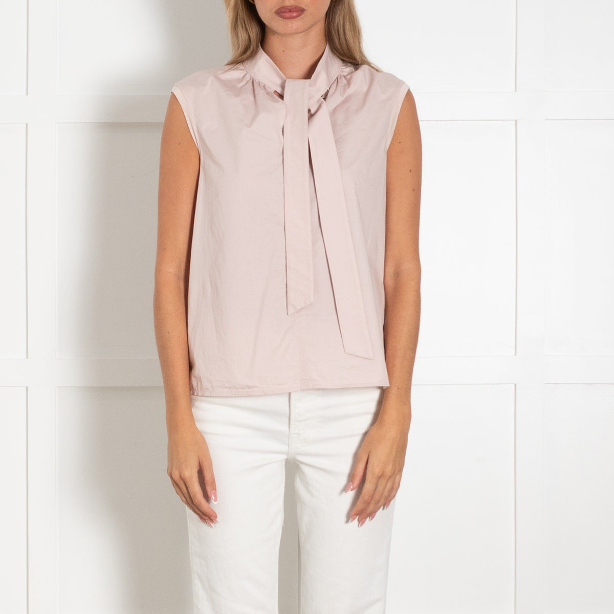 Luisa Cerano Dusty Pink Sleeveless Shirt With Tie Neck