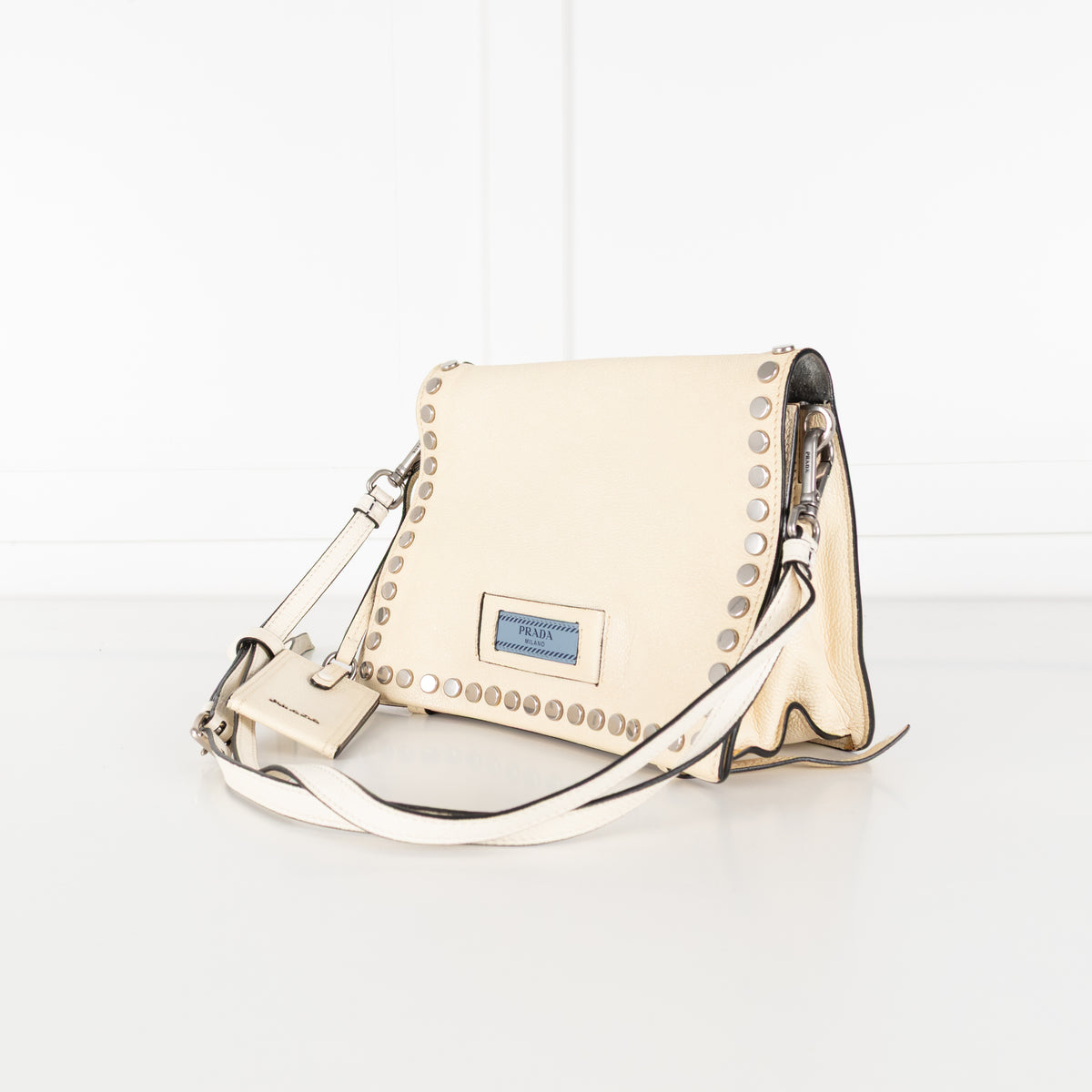 Prada  Cream Metal Stud Etiquette Bag