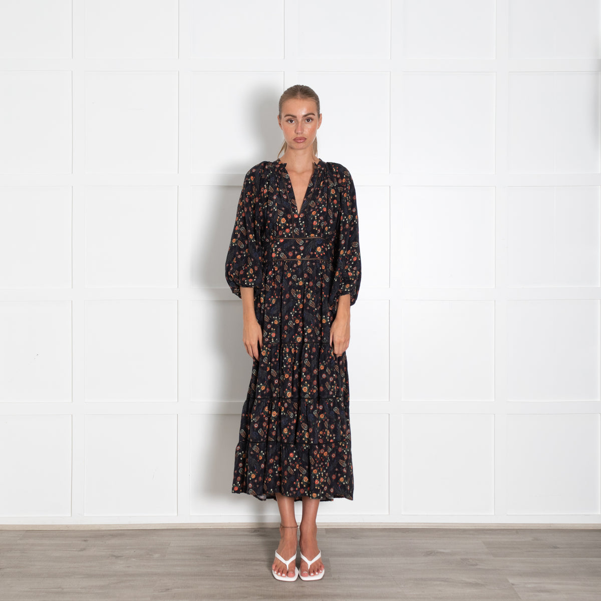 Lug Von Siga Black Orange Green Floral Tiered Midi Dress