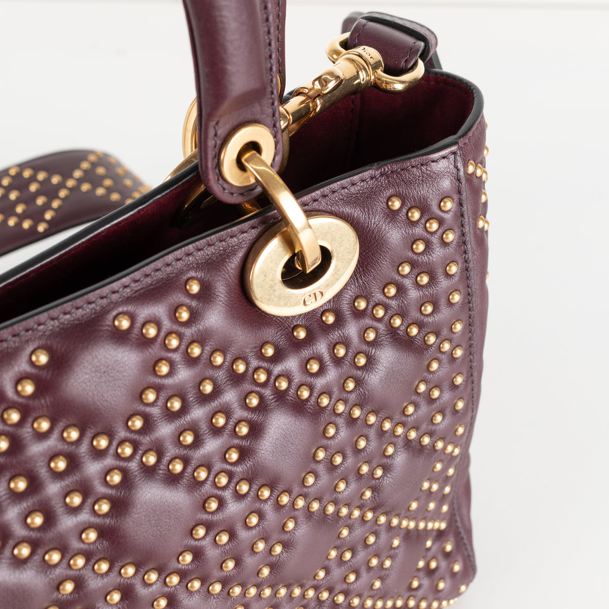 Dior Burgundy Gold Studded Leather Lady Dior